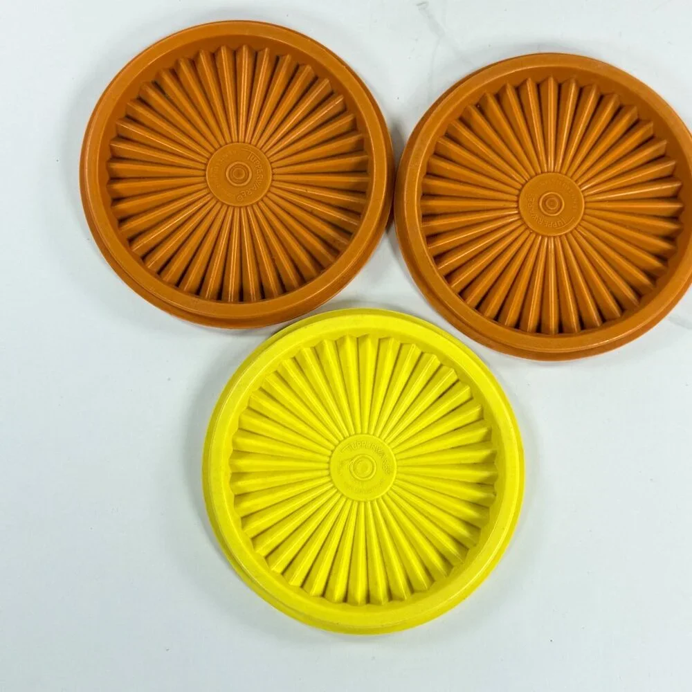 Vintage 3 Tupperware Servalier Bowls w/ Sunburst Lids Brown Yellow Orange 1970s
